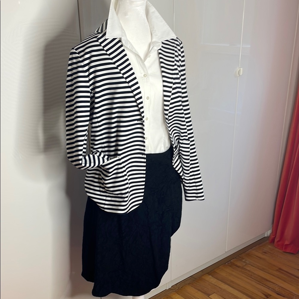 Elegant Striped Blazer with Black Skirt